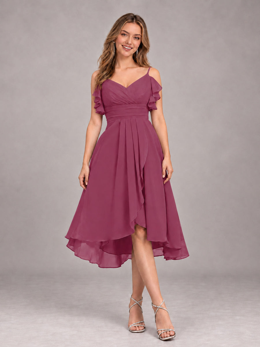 Desert Rose Beautiful Ruffles High Low Knee Length Chiffon Bridesmaid Dress