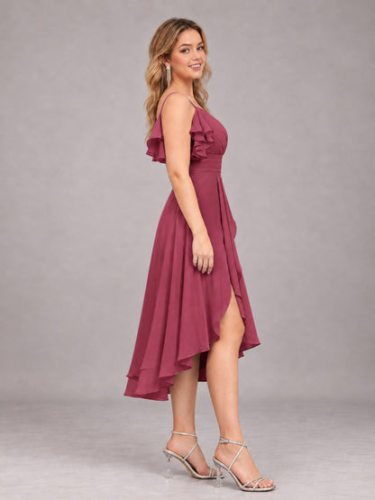 Desert Rose Beautiful Ruffles High Low Knee Length Chiffon Bridesmaid Dress