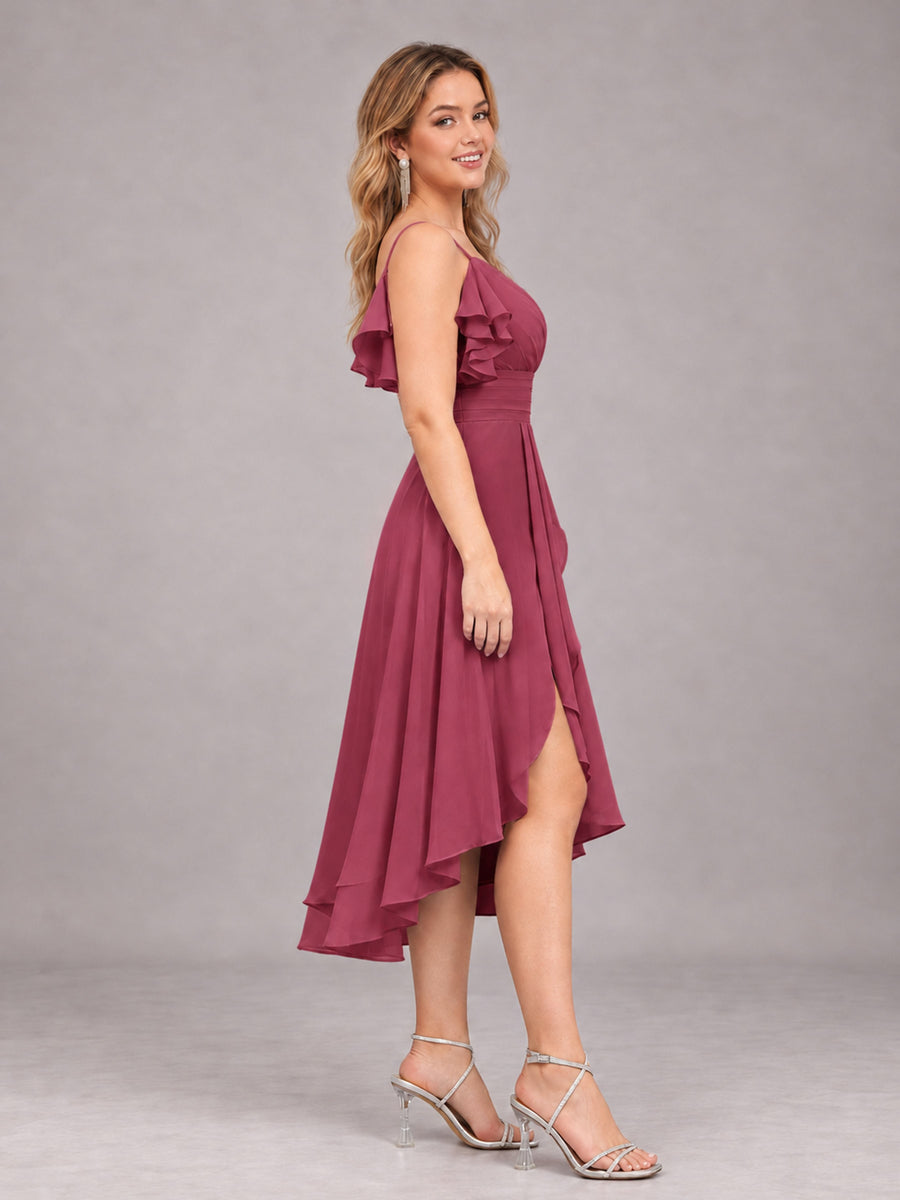 Desert Rose Beautiful Ruffles High Low Knee Length Chiffon Bridesmaid Dress