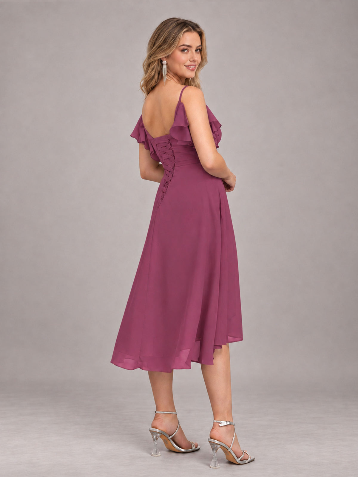 Desert Rose Beautiful Ruffles High Low Knee Length Chiffon Bridesmaid Dress