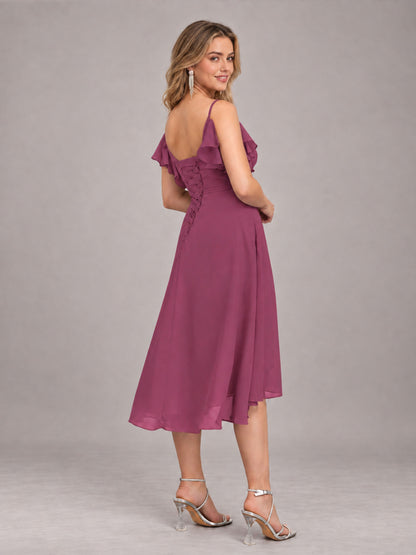Desert Rose Beautiful Ruffles High Low Knee Length Chiffon Bridesmaid Dress
