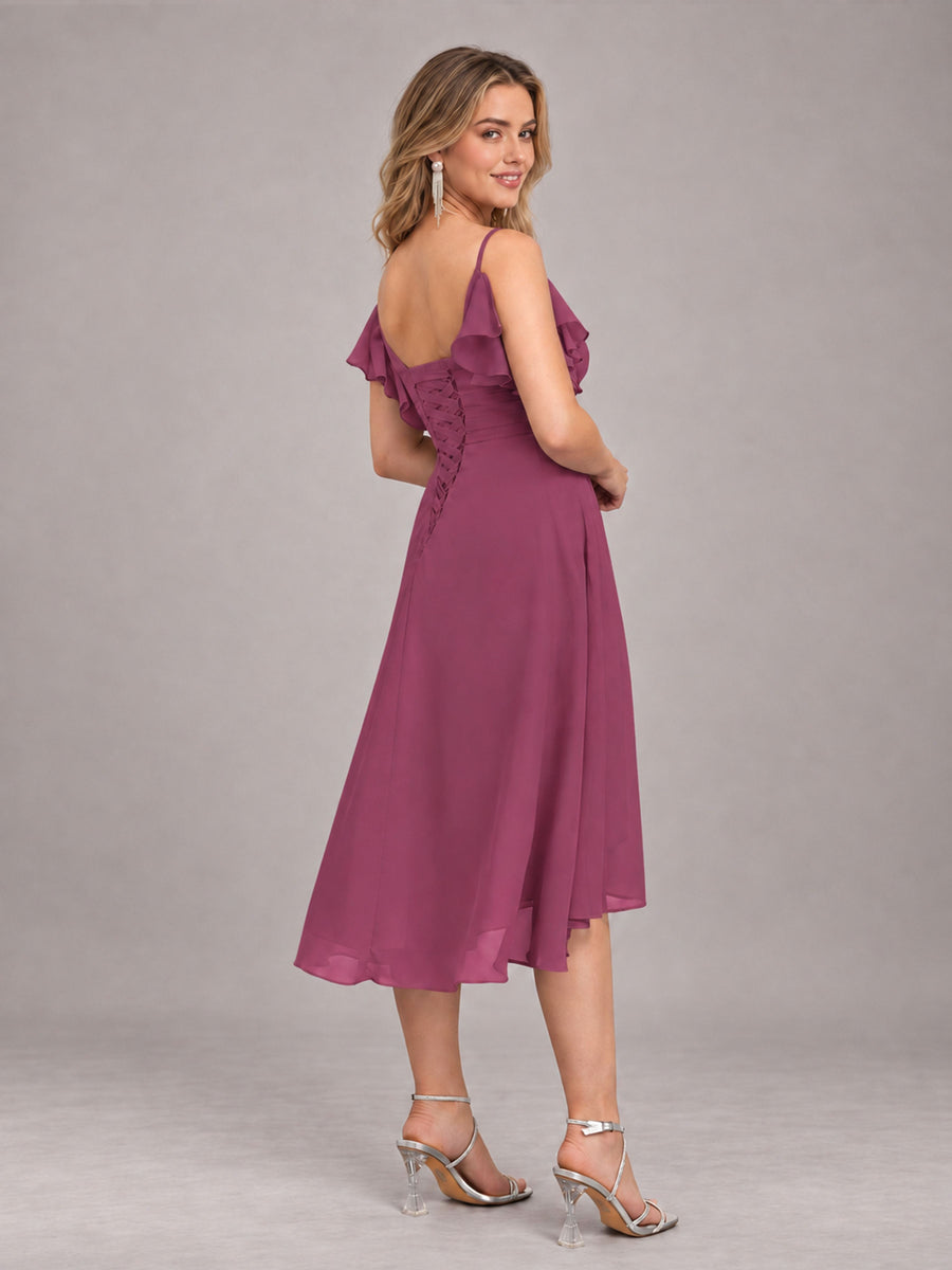 Desert Rose Beautiful Ruffles High Low Knee Length Chiffon Bridesmaid Dress