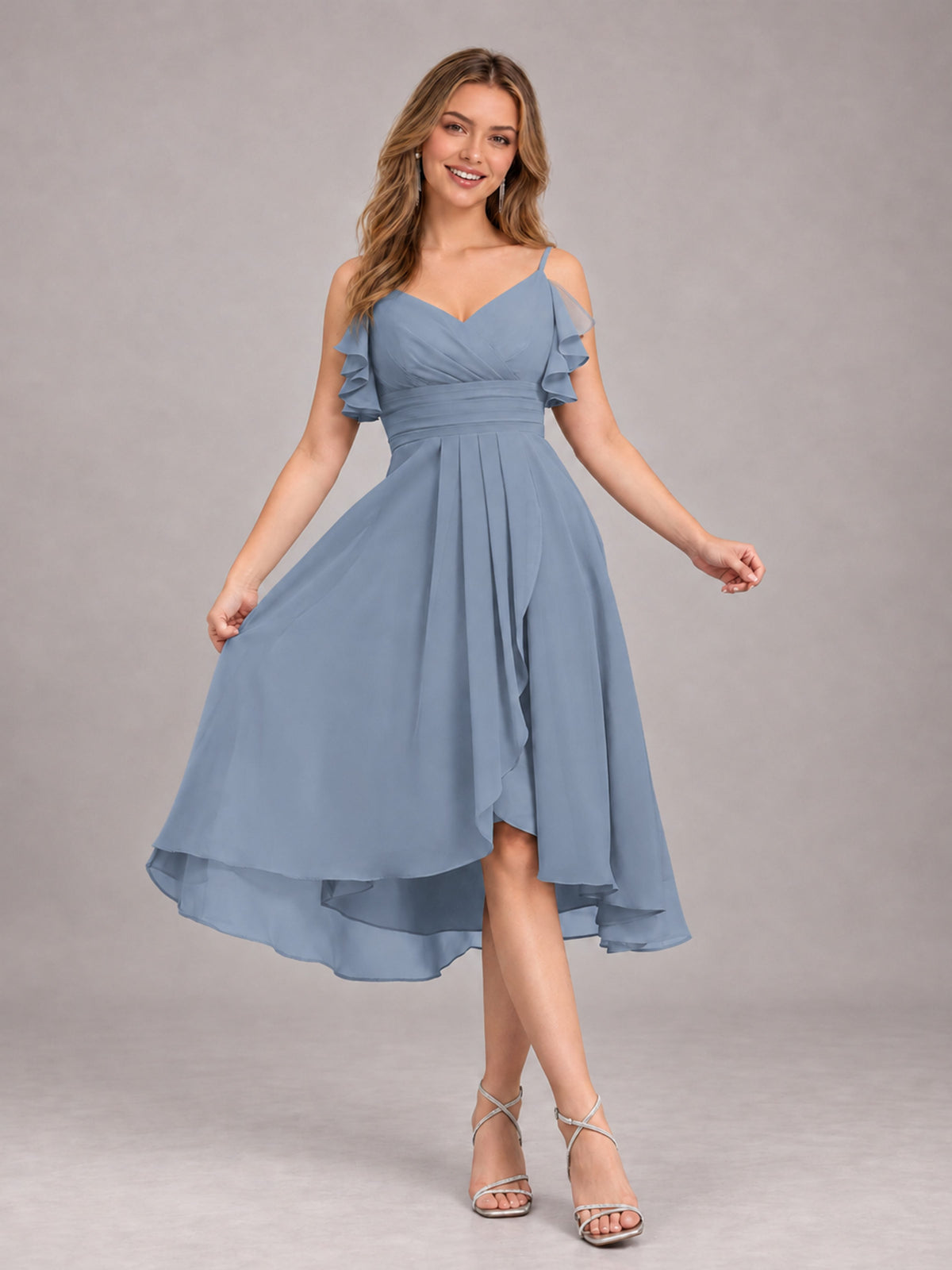 Dusty Blue Beautiful Ruffles High Low Knee Length Chiffon Bridesmaid Dress