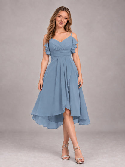 Dusty Blue Beautiful Ruffles High Low Knee Length Chiffon Bridesmaid Dress