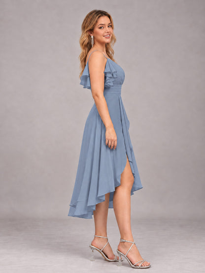 Dusty Blue Beautiful Ruffles High Low Knee Length Chiffon Bridesmaid Dress
