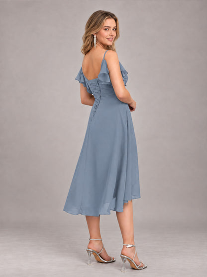 Dusty Blue Beautiful Ruffles High Low Knee Length Chiffon Bridesmaid Dress
