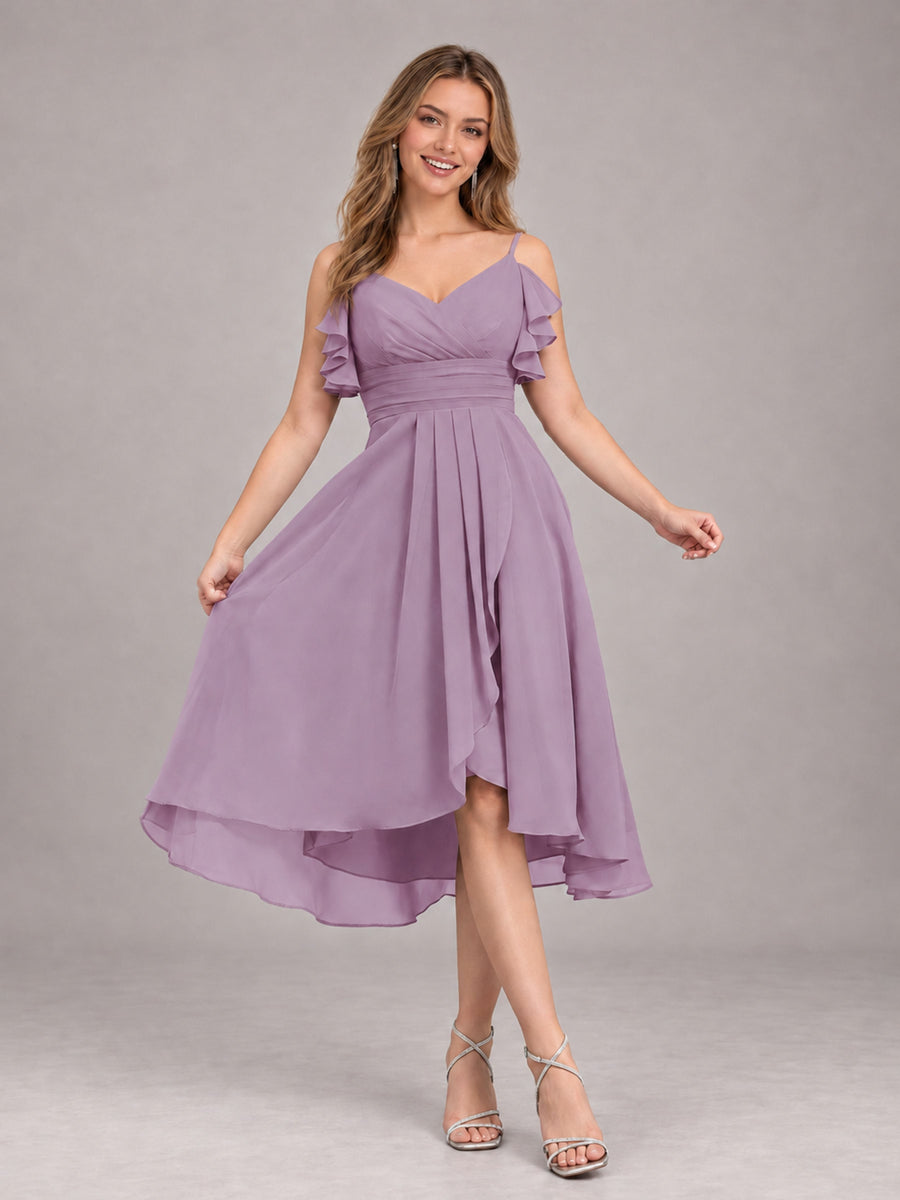Dusty Purple Beautiful Ruffles High Low Knee Length Chiffon Bridesmaid Dress