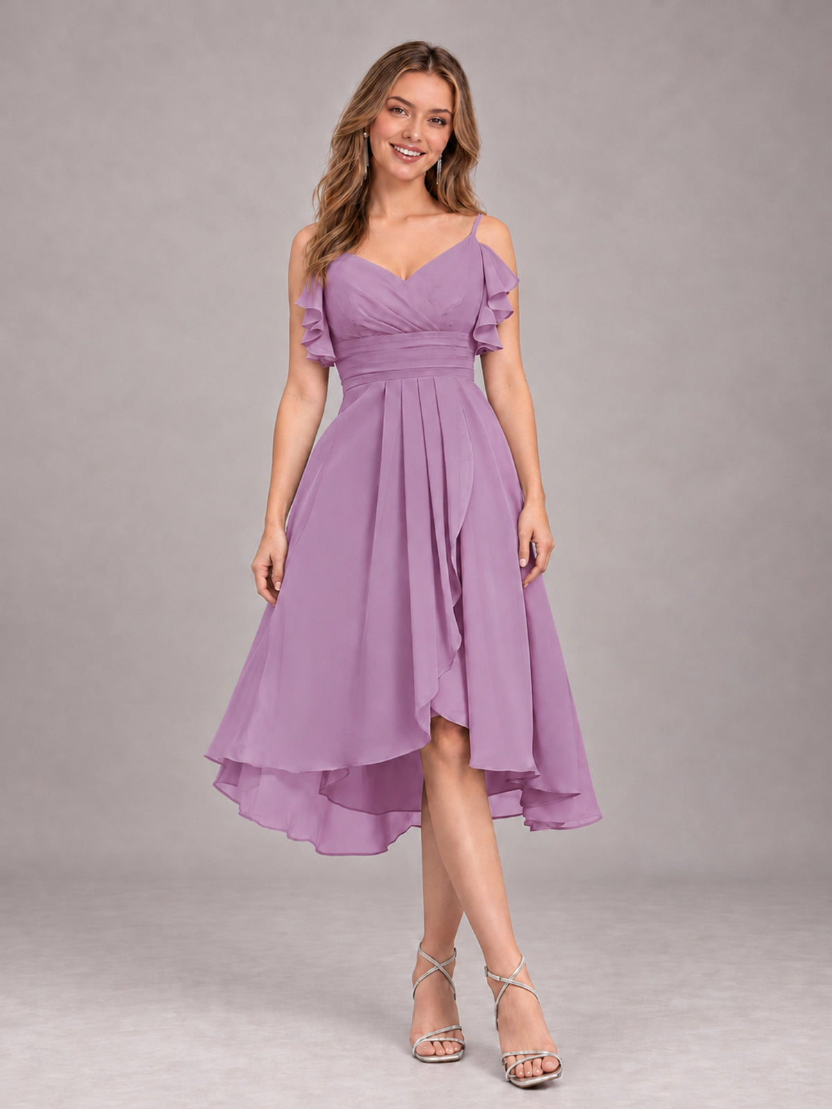 Dusty Purple Beautiful Ruffles High Low Knee Length Chiffon Bridesmaid Dress
