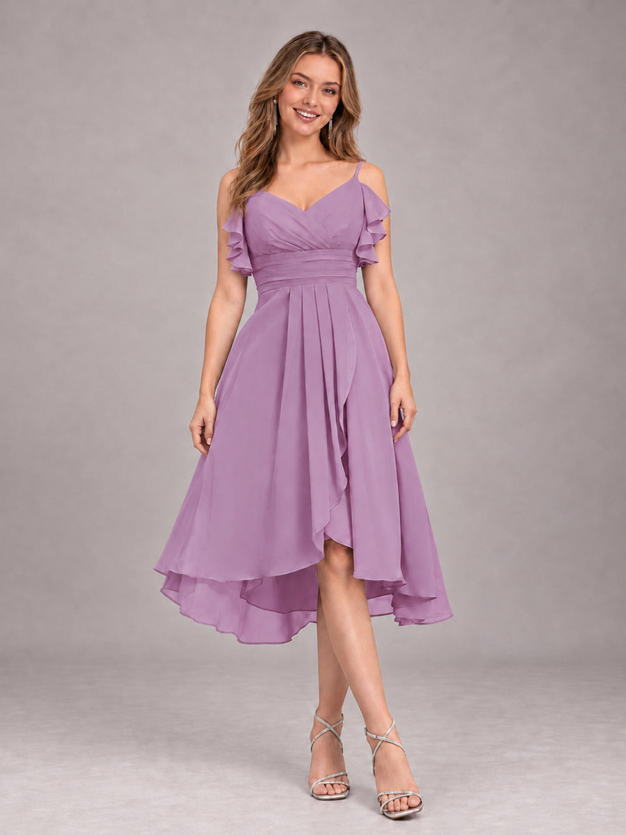Dusty Purple Beautiful Ruffles High Low Knee Length Chiffon Bridesmaid Dress