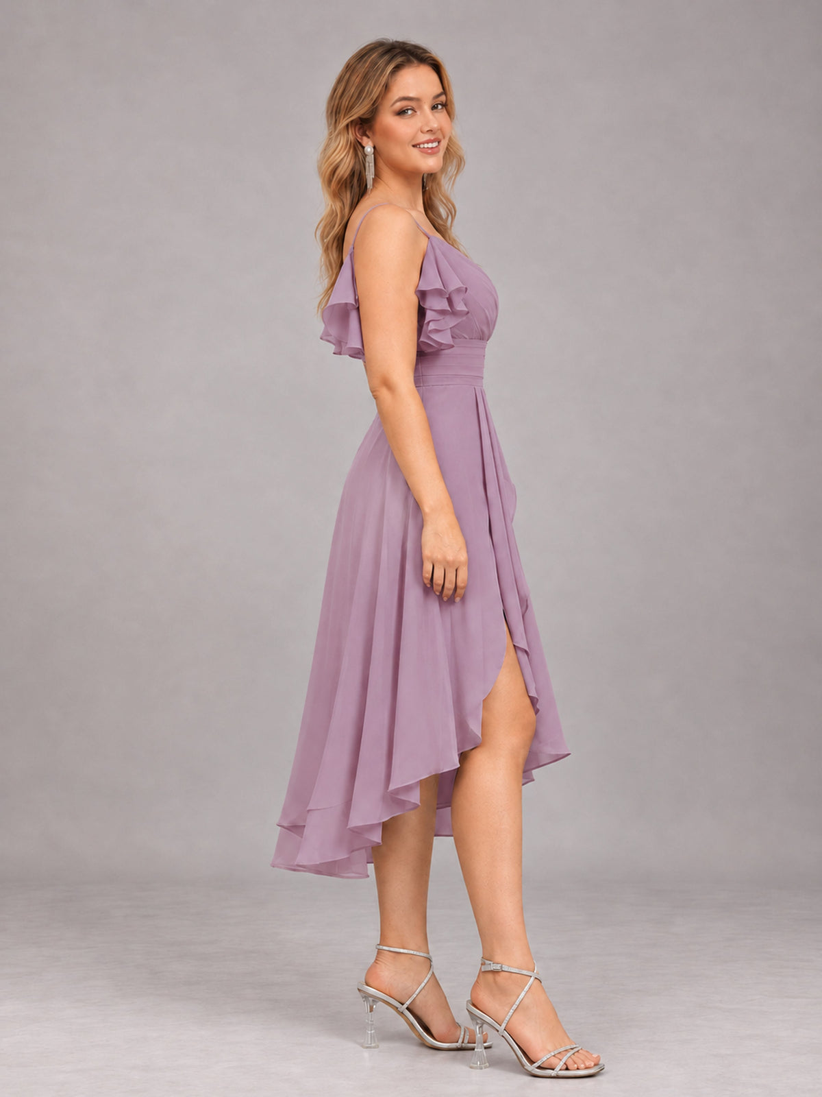 Dusty Purple Beautiful Ruffles High Low Knee Length Chiffon Bridesmaid Dress
