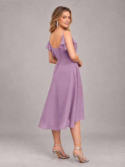 Dusty Purple Beautiful Ruffles High Low Knee Length Chiffon Bridesmaid Dress