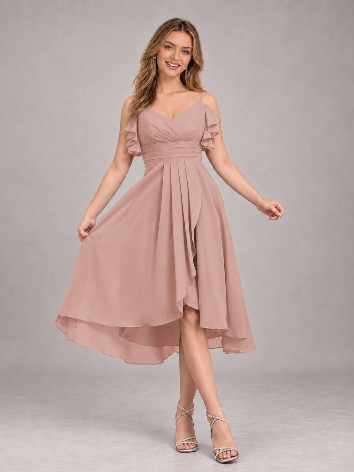 Dusty Rose Beautiful Ruffles High Low Knee Length Chiffon Bridesmaid Dress