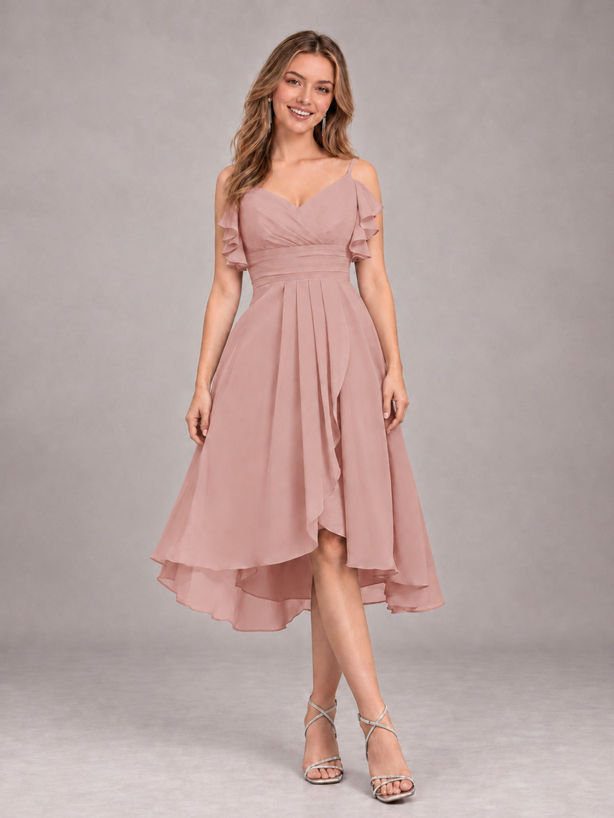 Dusty Rose Beautiful Ruffles High Low Knee Length Chiffon Bridesmaid Dress