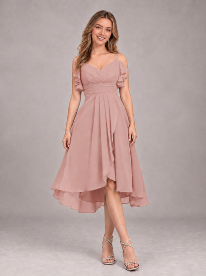 Dusty Rose Beautiful Ruffles High Low Knee Length Chiffon Bridesmaid Dress