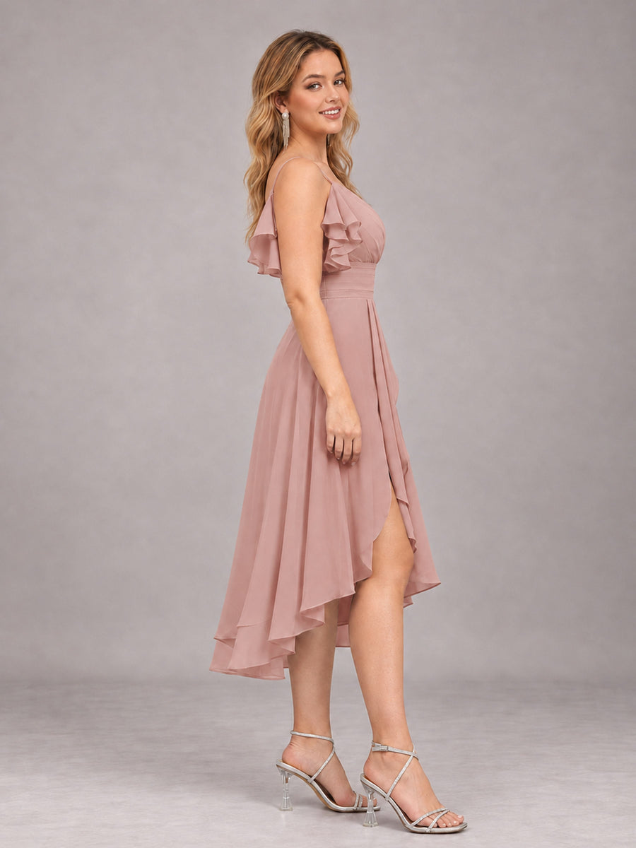 Dusty Rose Beautiful Ruffles High Low Knee Length Chiffon Bridesmaid Dress
