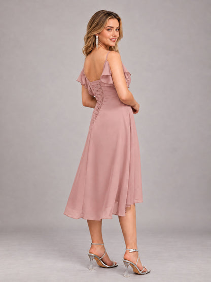 Dusty Rose Beautiful Ruffles High Low Knee Length Chiffon Bridesmaid Dress