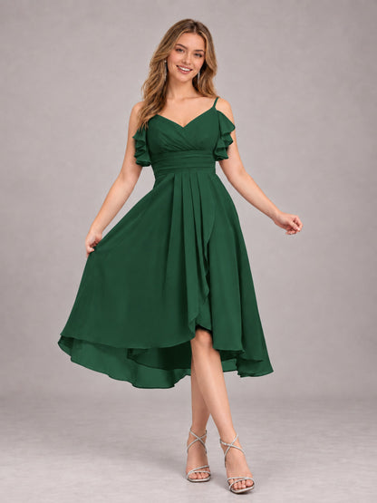 Emerald Green Beautiful Ruffles High Low Knee Length Chiffon Bridesmaid Dress