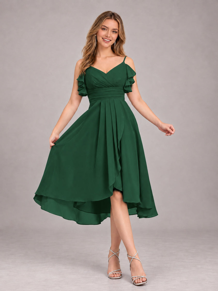 Emerald Green Beautiful Ruffles High Low Knee Length Chiffon Bridesmaid Dress