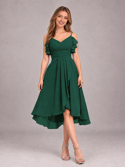 Emerald Green Beautiful Ruffles High Low Knee Length Chiffon Bridesmaid Dress