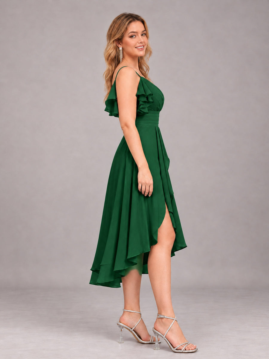 Emerald Green Beautiful Ruffles High Low Knee Length Chiffon Bridesmaid Dress