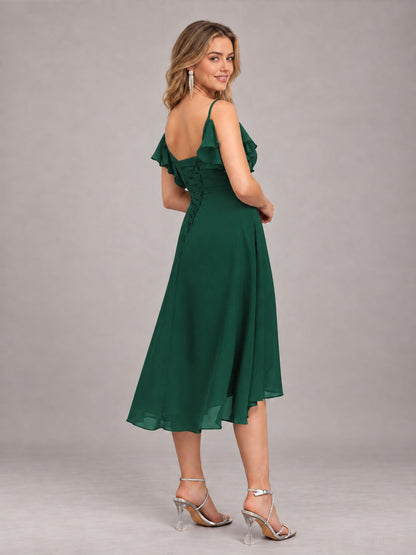 Emerald Green Beautiful Ruffles High Low Knee Length Chiffon Bridesmaid Dress