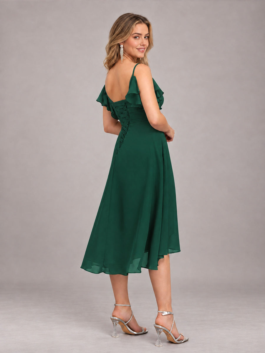 Emerald Green Beautiful Ruffles High Low Knee Length Chiffon Bridesmaid Dress