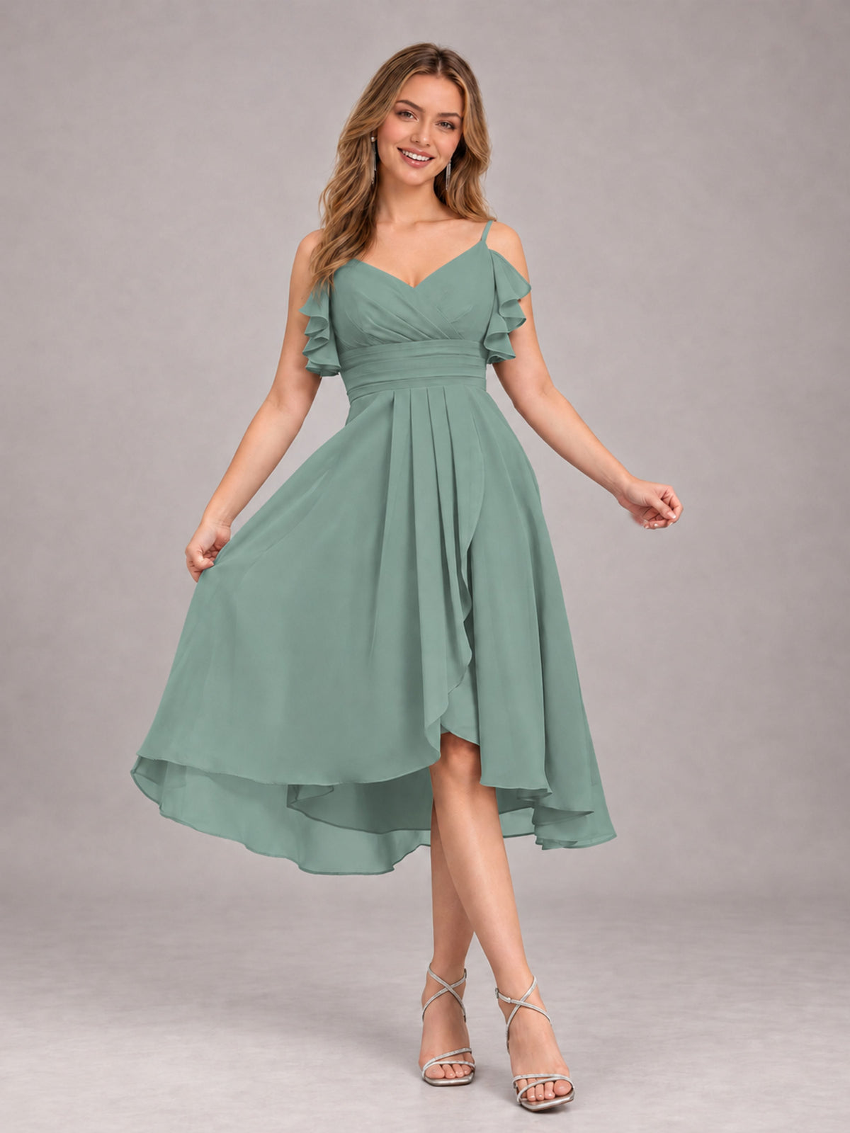 Eucalyptus Beautiful Ruffles High Low Knee Length Chiffon Bridesmaid Dress