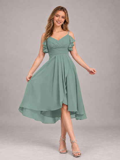 Eucalyptus Beautiful Ruffles High Low Knee Length Chiffon Bridesmaid Dress