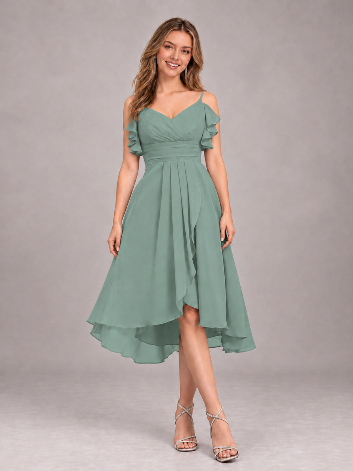 Eucalyptus Beautiful Ruffles High Low Knee Length Chiffon Bridesmaid Dress