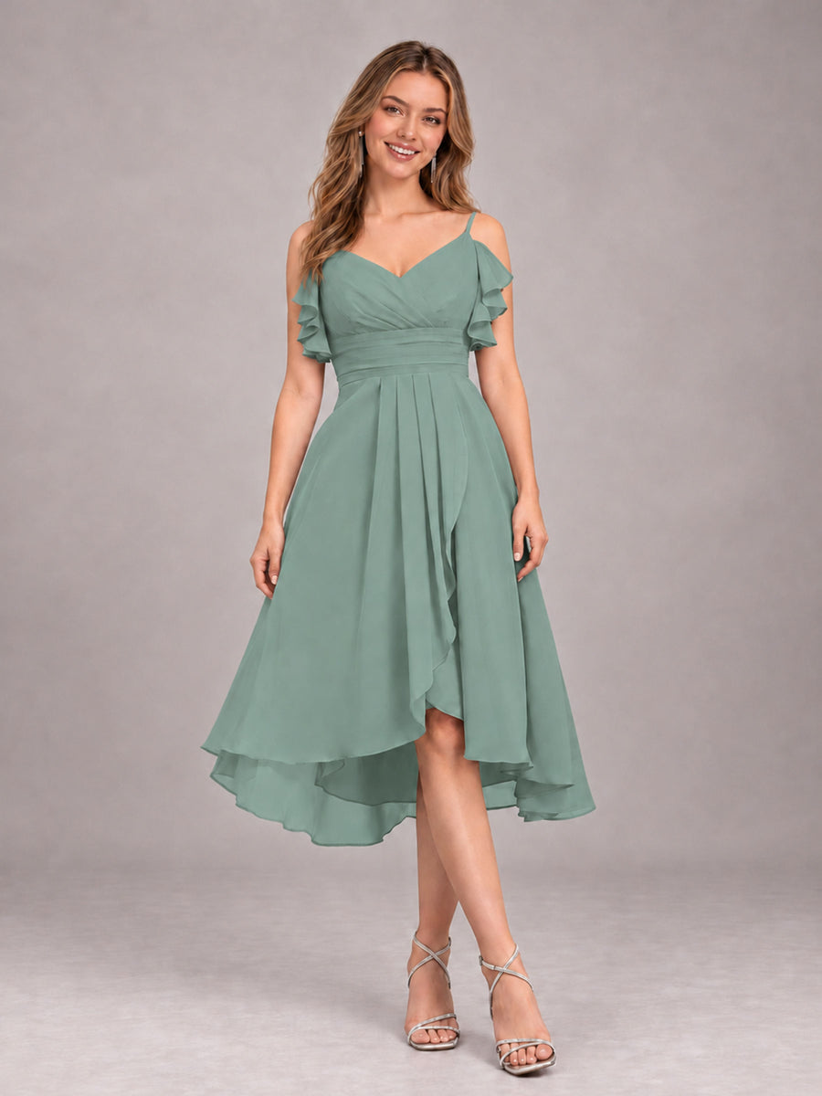Eucalyptus Beautiful Ruffles High Low Knee Length Chiffon Bridesmaid Dress