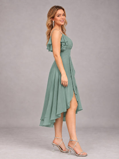 Eucalyptus Beautiful Ruffles High Low Knee Length Chiffon Bridesmaid Dress