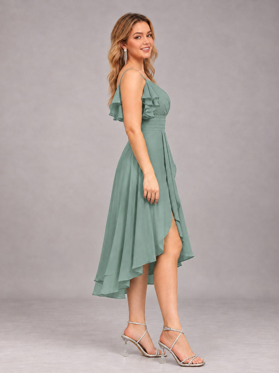 Eucalyptus Beautiful Ruffles High Low Knee Length Chiffon Bridesmaid Dress