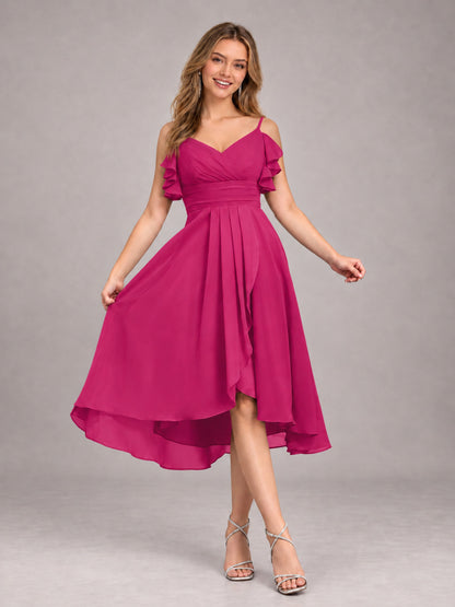 Fuchsia Beautiful Ruffles High Low Knee Length Chiffon Bridesmaid Dress