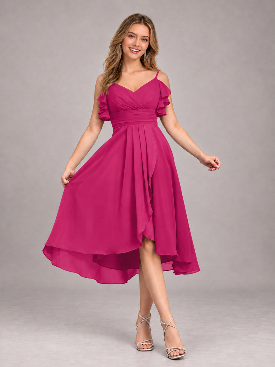 Fuchsia Beautiful Ruffles High Low Knee Length Chiffon Bridesmaid Dress