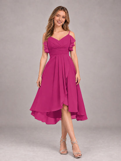 Fuchsia Beautiful Ruffles High Low Knee Length Chiffon Bridesmaid Dress
