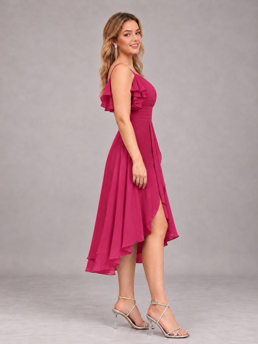 Fuchsia Beautiful Ruffles High Low Knee Length Chiffon Bridesmaid Dress
