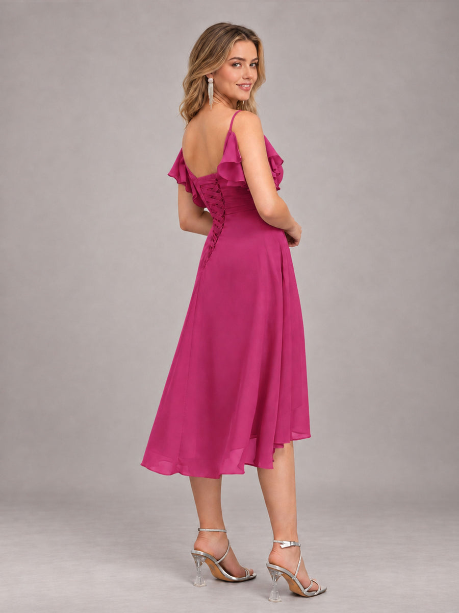 Fuchsia Beautiful Ruffles High Low Knee Length Chiffon Bridesmaid Dress