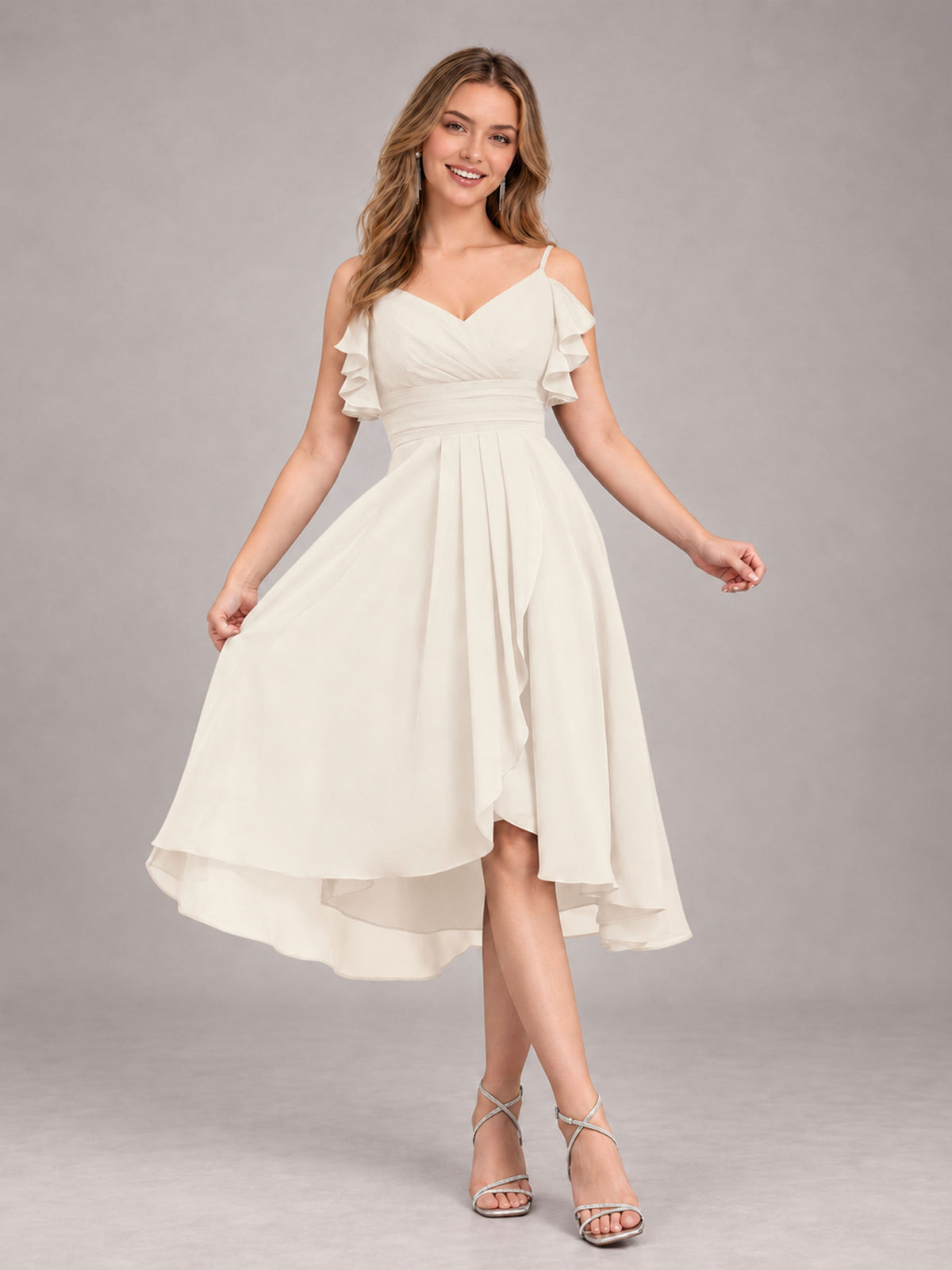 Ivory Beautiful Ruffles High Low Knee Length Chiffon Bridesmaid Dress