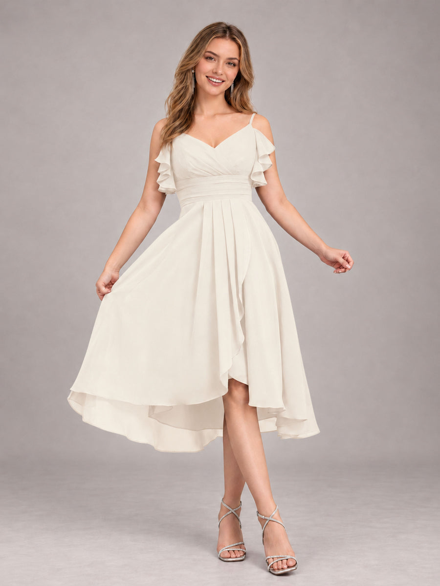 Ivory Beautiful Ruffles High Low Knee Length Chiffon Bridesmaid Dress