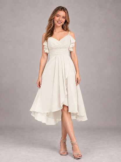 Ivory Beautiful Ruffles High Low Knee Length Chiffon Bridesmaid Dress