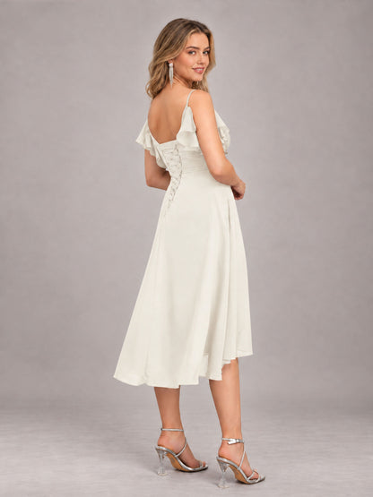 Ivory Beautiful Ruffles High Low Knee Length Chiffon Bridesmaid Dress