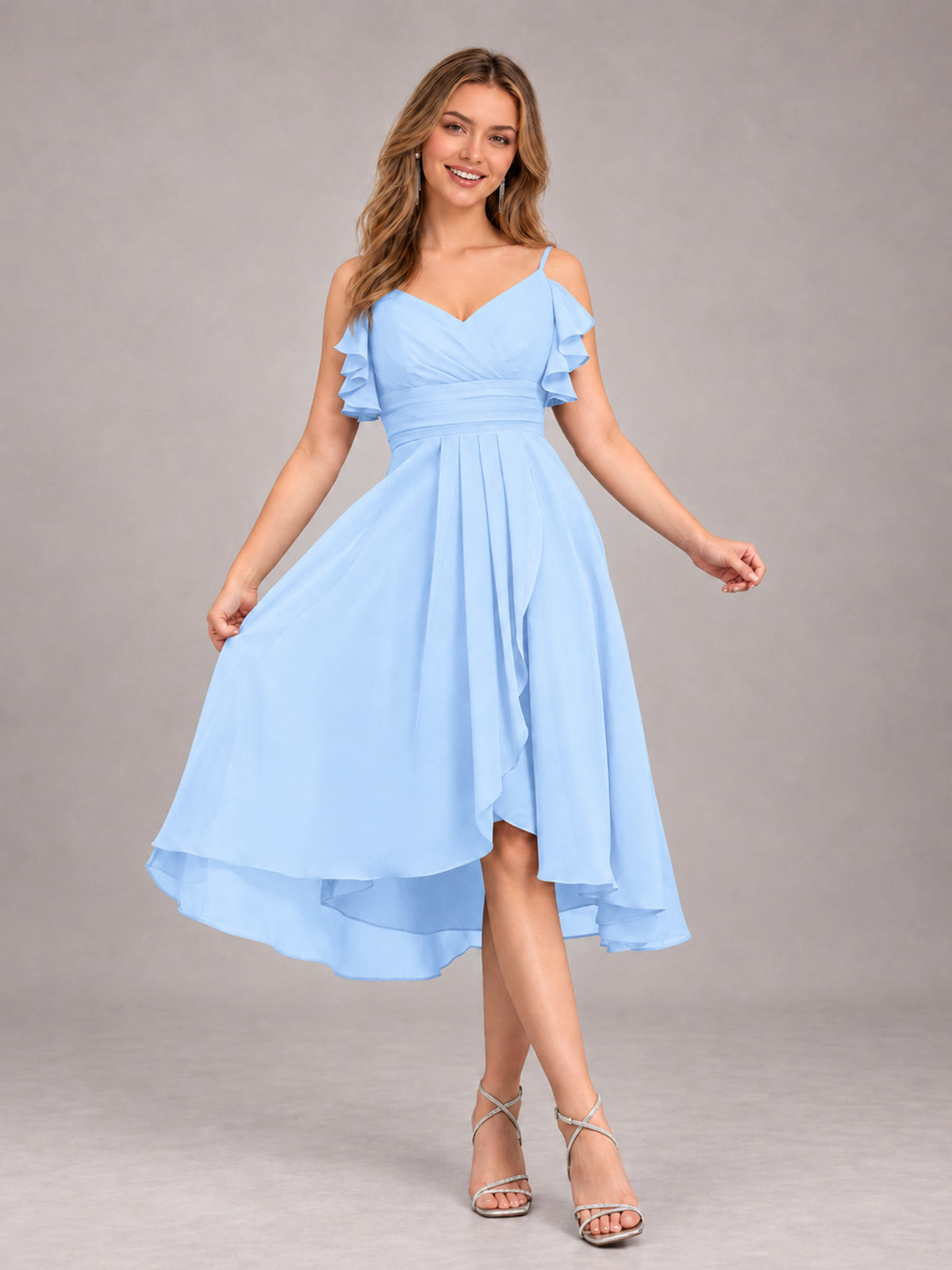 Light Blue Beautiful Ruffles High Low Knee Length Chiffon Bridesmaid Dress