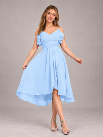 Light Blue Beautiful Ruffles High Low Knee Length Chiffon Bridesmaid Dress
