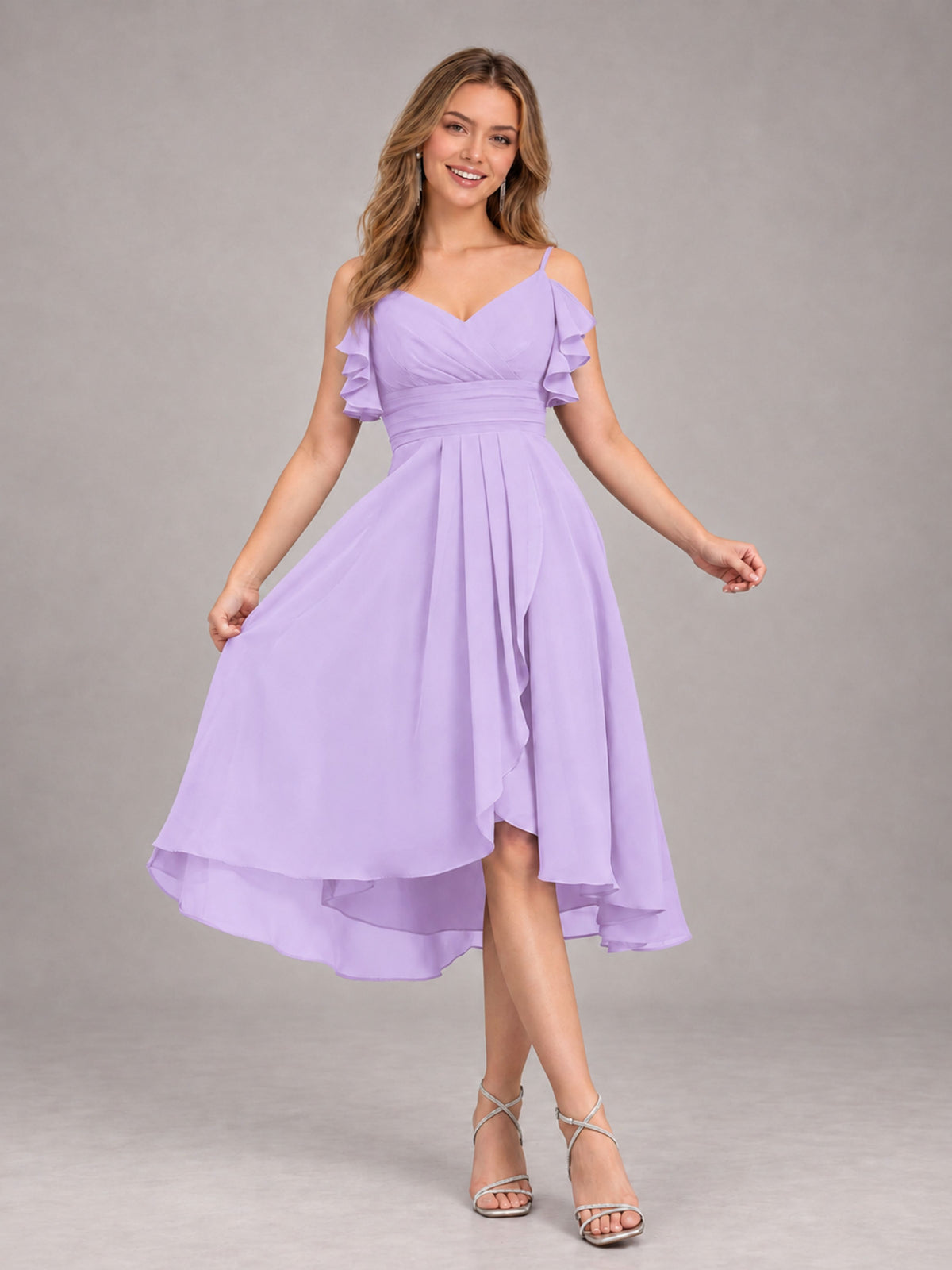 Lilac Beautiful Ruffles High Low Knee Length Chiffon Bridesmaid Dress