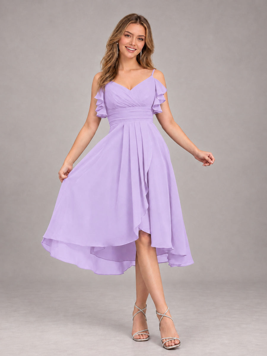 Lilac Beautiful Ruffles High Low Knee Length Chiffon Bridesmaid Dress