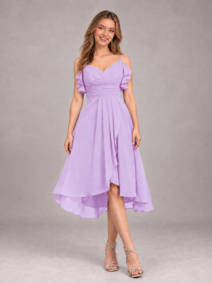 Lilac Beautiful Ruffles High Low Knee Length Chiffon Bridesmaid Dress