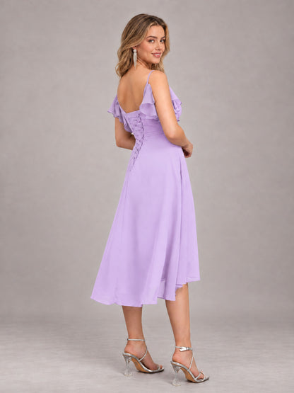 Lilac Beautiful Ruffles High Low Knee Length Chiffon Bridesmaid Dress