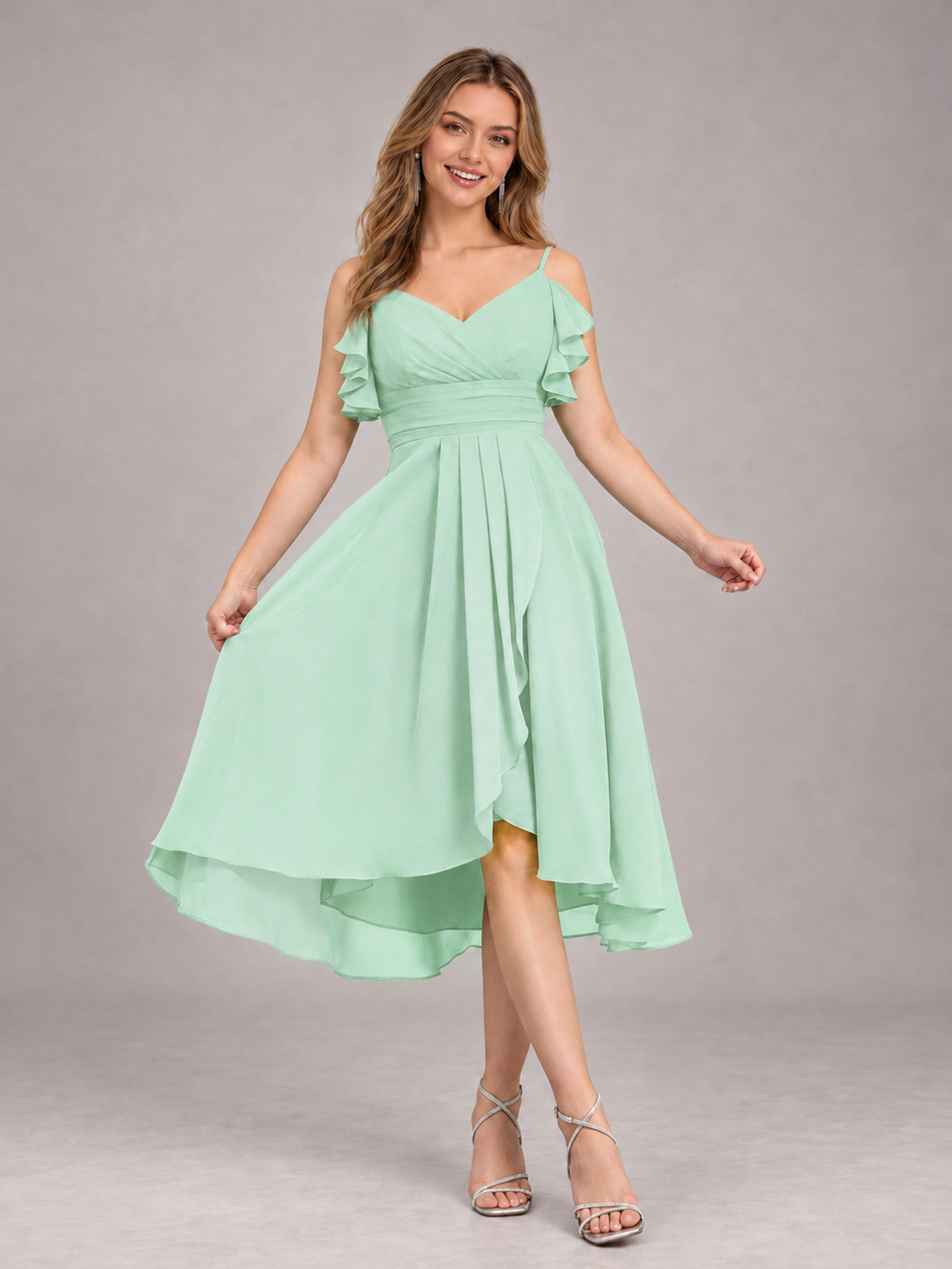 Mint Green Beautiful Ruffles High Low Knee Length Chiffon Bridesmaid Dress