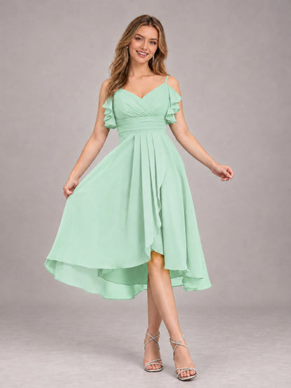 Mint Green Beautiful Ruffles High Low Knee Length Chiffon Bridesmaid Dress