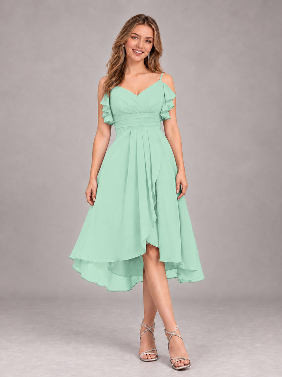 Mint Green Beautiful Ruffles High Low Knee Length Chiffon Bridesmaid Dress
